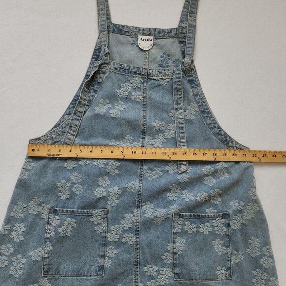 Arula Floral Embroidered Denim Skirtall Overall Apron Dress Summer Cottage Boho - Picture 9 of 10